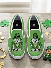  Dámské nazouvací tenisky na Den svatého Patrika s roztomilým potiskem pejsků a jetelů – pohodlné zelené plátěné boty na průvody, festivaly i běžné nošení