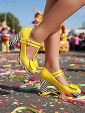 baratos Sapatos femininos-Sapatos Elegantes de Salto Chunky com Fivela em Laço de Carnaval Diário Femininos de Mardi Gras em Preto Branco e Amarelo com Bico Redondo