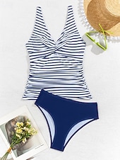 رخيصةأون تنجيد السباحة وبيكيني-نسائي حماية ضد التحسس ملابس سباحة من قطعتين ملابس السباحة مخطط ملابس السباحة أزرق عامل حماية من الأشعة فوق البنفسجية 50+ بدون كم - تزلج على الماء شاطئ سباحة الصيف