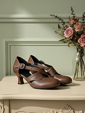 billige 1950-talls retro-Damesko i burgunderfarget skinn fra 1950-tallet – elegante Mary Jane-hæler med justerbar spenne for formelle arrangementer, fester og hverdagsbruk