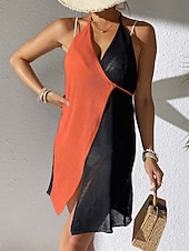 preiswerte Strandkleider-Damen Cover Up Badeanzug Kleid Patchwork Urlaubs Strandbekleidung Uni-Farbe V-Hals Ärmellose Badeanzüge