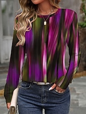 cheap Art&amp;Design tee-Women's T Shirt Print Graphic Geometry Vintage Stylish Modern Long Sleeve Crew Neck Regular Tops Daily Weekend Blue Purple Green Spring Winter