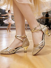 cheap Ballroom Shoes &amp; Modern Dance Shoes-Women's Professional Latin Dance Shoes, Gold Mesh &amp; Leather Lace-Up Ballroom Heels, Secure Ankle Strap, Elegant Competition &amp; Performance Dance Footwear for Latin, Salsa, Cha-Cha &amp; Ballroom Dancers