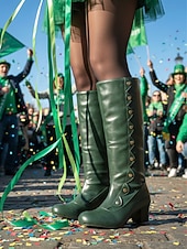cheap St. Patrick's Day-Women's Green Knee-High Boots with Button Detail – Stylish and Vintage Heeled Footwear for St. Patrick's Day Parades, Festivities and Celebrations
