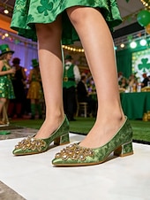 cheap St. Patrick's Day-Women's St. Patrick's Day Green Satin Low Heel Pumps, Pointed Toe Crystal Embellished Dress Shoes, Elegant Vintage-Inspired Comfort Heels for Women, Perfect for St. Paddy's Day Parties