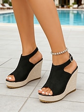 cheap Wedge Sandals-Women's Floral Print Wedge Sandals – Stylish Buckled Open-Toe Platform Shoes with Espadrille Jute Sole, Comfortable Summer Footwear for Poolside, Vacation and Outdoor Events