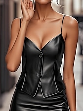 Χαμηλού Κόστους Απλή δεξαμενή-Γυναικεία Αμάνικη Μπλούζα Καμισόλ Tank Top Κουμπιά Συμπαγές Χρώμα Βίντατζ Καθημερινά Στυλάτο Αμάνικο Λαιμόκοψη V Κανονικά μπλουζάκια Καθημερινά Αργίες Ρούχα παραλίας Μαύρο Καλοκαίρι Άνοιξη