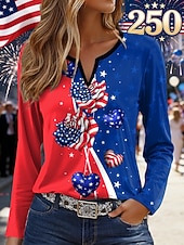  Dia da Independência Aniversário Americano Patriótico Camiseta Feminina Estampa Gráfica Bandeira Vintage Estilosa Moderna Manga Longa Gola Notched Tops Regulares Impressão Diária Fim de Semana Azul