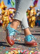 お買い得  女性の靴-ウィメンズ・マルディグラ カラフルなマルチカラーパッチワークブローグとレースアップオックスフォードシューズ – カーニバルパレード、フェスティバルコスチューム＆パーティーセレブレーションのためのレトロアーティスティックスタイル