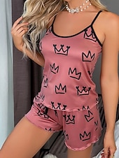 halpa Ystävänpäivä Uni &amp; Lounge-Naisten Yöpukusarja Vapaa-aika Mukavuus Kuvitettu Joustava vyötärö Nauhatoppi Shortsit Päivittäin Koti Hihaton hihnat Sininen Musta Punastuvan vaaleanpunainen Kesä Kevät Normaali