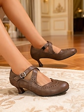 Χαμηλού Κόστους Ρετρό στυλ της δεκαετίας του 1950-Γυναικείες vintage καφέ γόβες Mary Jane με αγκράφα και brogue από απομίμηση δέρματος της δεκαετίας του 1950 – κομψές γόβες για επίσημες περιστάσεις, γραφείο και από το πρωί μέχρι το βράδυ