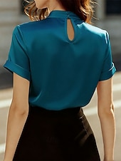 preiswerte Schicke Blusen-Damen Hemd Elegant Satin-Top Bluse Gerafft Patchwork Drapiert Einfarbig Einfach Elegant Vintage Täglich Kurzarm Hoher Ausschnitt Normale Oberteile Täglich Arbeit Ferien Schwarz Rote Grün Beige