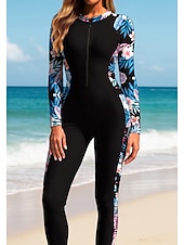 billiga One Pieces Rash Guards-Dam Rash-guards Helkroppsutslagskydd Surfdräkt i ett stycke Blommig Tropisk Dragkedja med inbyggd BH Dragkedja fram UV Solskydd Fullständig Täckning UPF50+ Långärmad Heltäckande Badkläder Kroppsdräkt