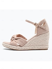 abordables Sandales compensées-Sandales compensées espadrilles bohèmes beiges pour femme avec détail nœud – des chaussures confortables et élégantes pour les vacances d'été, les escapades à la plage et les sorties décontractées.