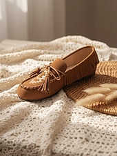 economico Slip-ons e mocassini da donna-Mocassini in suede da donna – Loafers ispirati al boho con frange e dettaglio lacci per uscite casual viaggi e abbigliamento quotidiano