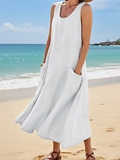 זול שמלות פשוטות-בגדי ריקוד נשים שמלת מקסי שמלת קיץ שמלה עם כיווץ במותן חופשה יום יומי חוף ליציאה מונח בצורה רפויה צבע אחיד גראפי ללא שרוולים צווארון צווארון כחול בהיר לבן סגול כתום קיץ אביב