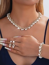 abordables Boda ACC-Conjunto de joyas de aleación de perlas de imitación para mujer: conjunto de 3 piezas de collar, pulsera y aretes, perfecto para bodas y ocasiones especiales.