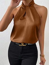preiswerte Schicke Blusen-Damen Hemd Elegant Satin-Top Seidenhemd Rückenfrei Einfach Elegant Stilvoll Ärmellos Neckholder Normale Oberteile Ferien Ausgehen Schwarz Weiß Kamel Purpur Braun Sommer Frühling