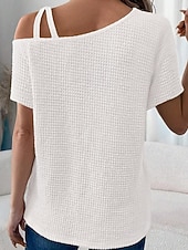 abordables Camiseta lisa-Mujer Camiseta Color sólido Vintage Elegante Manga Corta Cuello asimétrico Tops regulares Diario Noche Fin de semana Negro Blanco Rosa Caqui Verano Primavera
