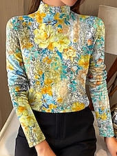 cheap Floral tee-Women's Tunic Tee Print Floral Graphic Elegant Vintage Fashion Long Sleeve High Neck Crop Tops Daily Going out Weekend Yellow Navy Blue Light Blue Spring