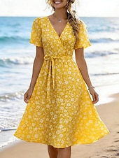 cheap Floral Dress-Women's Midi Dress Casual Dress A Line Dress Elegant Vacation Cute Holiday Date Regular Fit Floral Graphic Short Sleeve V Neck Blue Yellow Pink Purple Summer Spring Fall Winter