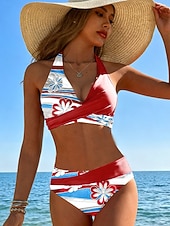 Χαμηλού Κόστους Σετ μπικίνι-Γυναικείο Μπικίνι 2 τεμαχίων Μαγιό Cheeky Καλοκαιρινό Μόδα Φλοράλ Γραφικό V Λακωνικό Αμάνικο Μαγιό