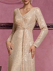 abordables Longueur du plancher-Ligne A Traîne Balayage Robe d'invité de mariage Robe de Cérémonie Robe de soirée Robe de Mère de Mariée  manche longue Col en V Élégant Éclat &amp; Brillance Années 1920 Formel robe demoiselle d honneur