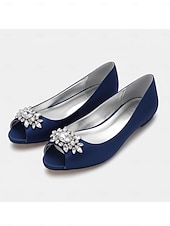 cheap Mother of Bride/Groom-Women's Navy Blue Peep-Toe Flats with Rhinestone Embellishments – Elegant Satin Shoes for Weddings, Parties, and Formal Events