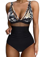 preiswerte Einteiler-Damen Badeanzug Einteiler Bikini Shorts Bademode Netz Rückenfrei Urlaub Strandbekleidung Leopard Blätter V Ausschnitt Ärmellos Badeanzüge