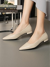 cheap Women's Flats-Women's Elegant White Pointed Toe Flats with Low Block Heel, Comfortable and Stylish Footwear for Casual or Office Wear