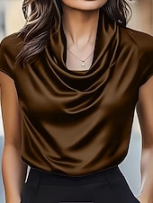 olcso Ünnepi blúzok-Női Ing elegáns Szatén felső Nyári felsők Fodrozott Kollázs Ráncolt Tömör szín Sima Elegáns Szüret Napi Rövid ujjú Aszimmetrikus Normál felsők Napi Munka Szabadság Fekete Fehér Bor Barna Nyár Tavasz