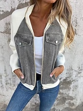 cheap Women's Outerwear-Women's Casual Jacket Denim Jacket Warm Comfortable Zipper Pocket Retro Casual Color Block Vacation Home Daily Wear Going out Regular Stand Collar Regular Fit Long Sleeve Outerwear Blue Black White