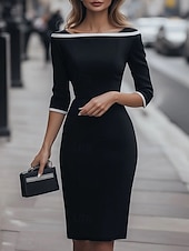 Χαμηλού Κόστους Απλό Φόρεμα-Γυναικεία Μίνι φόρεμα Μαύρο φόρεμα Φόρεμα σε ευθεία γραμμή Κομψό Μοντέρνα Καθημερινά Εξόδου Σαββατοκύριακο Κανονικό Σκέτο 3/4 Μήκος Μανικιού Ώμοι Έξω Μαύρο Άνοιξη Φθινόπωρο Χειμώνας