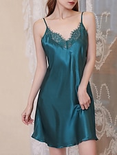 tanie Jednoczęściowe piżamy (kombinezony) damskie-Damskie Koszula nocna Codzienny Miękkie Satynowe Czyste kolory Koronka Odkryte plecy Sukienka Codzienny Dom Łóżko Bez rękawów Paski Błękit jeziora Czarny Biały Rumiany róż Czerwony Lato Luźna