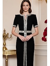 ieftine Rochii de seară tip sheath-Coloană Teacă Lungime Podea Rochie formala Rochie de seara Rochii de seara Elegant Epocă Rochie Neagră Mică Manșon scurt Stil Nautic Nuntă Oficial Polyester cu Detalii Cristal Mărgele