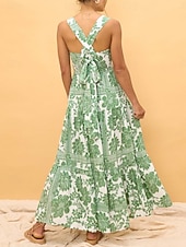 tanie Sukienki kwiatowe-Damskie Sukienka maxi Sukienka A line Sukienka na ramiączkach Urlop Codzienny Na zewnątrz Wyjściowe Luźna Kwiaty Graficzny Bez rękawów Cienkie ramiączka Niebieski Błękit nieba Pomarańczowy Zielony
