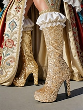 preiswerte Frauen Schuhe-Damen Mardi Gras Silber Glitter Plateau Stiefel - Knöchelhohe Klobige Absatz-Schuhwerk für Venezianische Maskeraden Kostümbälle  Festliche Partykleidung