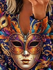 cheap Graphic Hoodies-Carnival Women's Pullover Sweatshirt Graphic Vintage Casual Long Sleeve V Neck Regular Tops Street Dailywear Zipper Pocket Print Purple Spring Fall