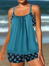 זול טנקיני-בגד ים טנקיני 2 חלקים לנשים עם חצאיות מחטב בטן מותן גבוהה שקוף בגד ים חופים עם פסים נקודתיים וצווארון U ללא שרוולים