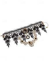 お買い得  アクセサリー-ウィメンズ マルディグラ ブラック レース スチームパンク チョーカーネックレスとブレスレットセット - ゴシックコスプレ、カーニバル、ハロウィンコスチューム用の合金ギアと時計ペンダント