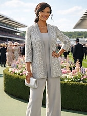 preiswerte Hosenanzüge für Mama-Dreiteilig Knöchellänge Brautmutterkleid Dreiviertelarm Rundausschnitt Party Glanz &amp; Glamour Hochzeitsgast Hochzeitsfeier Familientreffen Chiffon Spitze mit Paillette Einfarbig