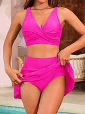 Недорогие Бикини-Женский бикини из 2-х частей Купальник Юбка Узкий Без спины Отпуск Пляжная одежда Полосатый V-образный вырез Без рукавов