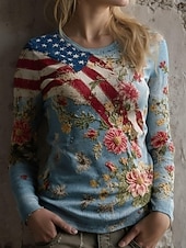  Ziua Independenței T-Shirt Patriotic Femei Grafic Steag Vintage Elegant Casual Mâneci Lungi Crew Neck Gât Rotund Topuri Regulate Zilnice Weekend Imprimare Albastru Vară Primăvară Toamnă Iarnă
