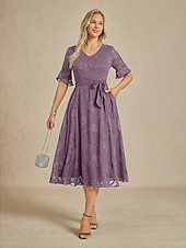 preiswerte Chiffonkleider-Damen Midikleid Chiffonkleid Elegant Flattrige Ärmel Urlaub Hochzeitsgast Date Tasche Illusionsspitze Normale Passform Blumen Halbarm V Ausschnitt Violett