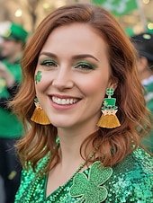  Pendientes colgantes con borlas para el Día de San Patricio para mujer, con diseño de sombrero de duende y trébol, de aleación, divertidos y festivos pendientes irlandeses para mujer.