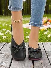 preiswerte Ballerinas für Damen-Damen-Ballerinas aus weichem Kunstleder in Mandelfarbe mit weiter Passform und Schleife – minimalistische Slipper für Büro, Freizeit und Schule