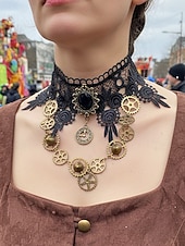 お買い得  アクセサリー-ウィメンズ マルディグラ ブラック レース スチームパンク チョーカーネックレスとブレスレットセット - ゴシックコスプレ、カーニバル、ハロウィンコスチューム用の合金ギアと時計ペンダント