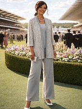 preiswerte Hosenanzüge für Mama-Dreiteilig Knöchellänge Brautmutterkleid Dreiviertelarm Rundausschnitt Party Glanz &amp; Glamour Hochzeitsgast Hochzeitsfeier Familientreffen Chiffon Spitze mit Paillette Einfarbig