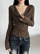 baratos Camiseta lisa-Mulheres Camisa Social Com Pregas Leopardo Elegante Manga Longa Gola Boba Assimétrico Diário Feriado Marron Verão Primavera Outono Inverno