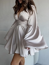 halpa Yksinkertainen mekko-Naisten Mini mekko Satiini mekko Tanssiaispuku Juhlamekko Coctail-asu Muoti Moderni Iltajuhlat Juhla Cocktailjuhla Normaali Tavallinen Pitkähihainen V kaula-aukko Musta Ruskea Apila Harmaa Kevät Syksy